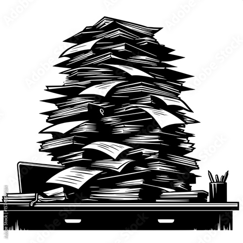 Black and White Vector Silhouette of a Stack of Office Papers