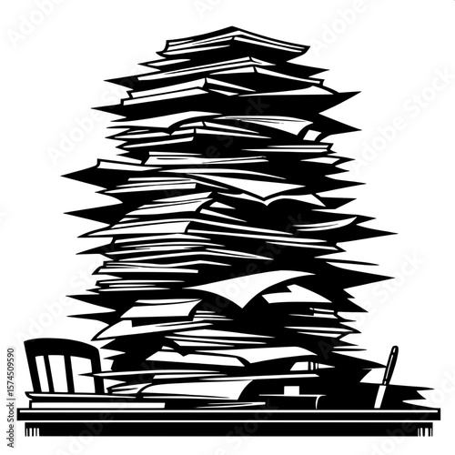 Black and White Vector Silhouette of a Stack of Office Papers