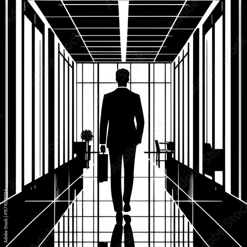 Black and White Vector Silhouette of a Man Walking in Hallway