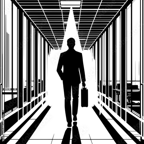 Black and White Vector Silhouette of a Man Walking in Hallway