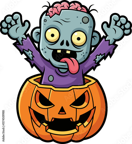 Cute Zombie Kid Pop Up From Pumpkin Halloween Illustration