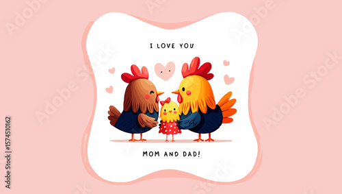 Vector art of a cartoon chicken family celebrates mom and dad with love