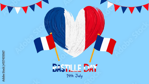 Vector art of bastille day illustration with french flag heart and pennants