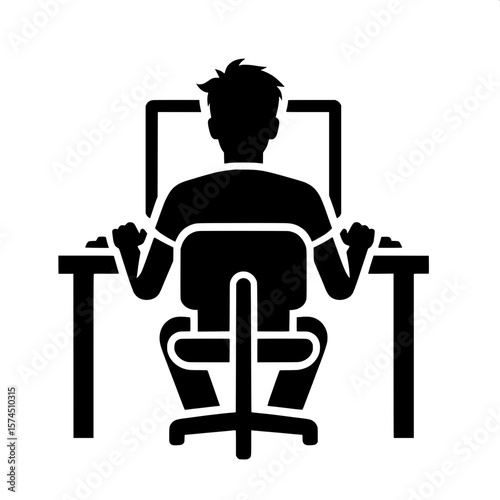 Black and White Vector Silhouette of a Man Sitting at a Desk with Computer