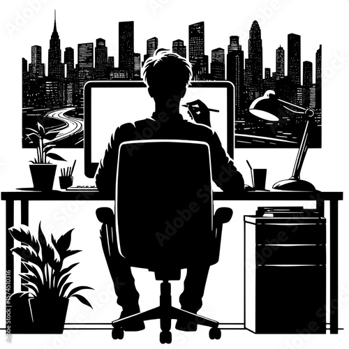 Black and White Vector Silhouette of a Man Sitting at a Desk with Computer