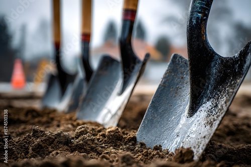 Groundbreaking Ceremony with Shovels in Dirt.