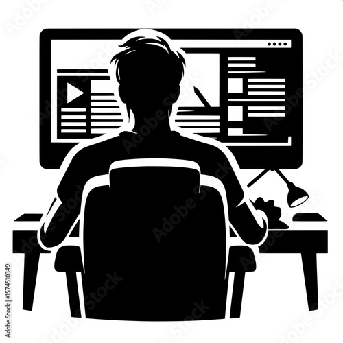 Black and White Vector Silhouette of a Man Sitting at a Desk with Computer