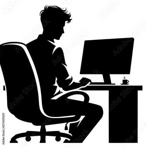 Black and White Vector Silhouette of a Man Sitting at a Desk with Computer