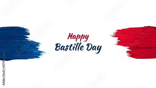 Vector art of happy bastille day with french flag brush strokes on white