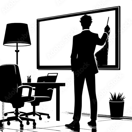 Black and White Vector Silhouette of a Man Standing Near Whiteboard
