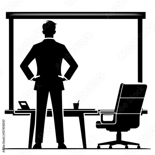 Black and White Vector Silhouette of a Man Standing Near Whiteboard