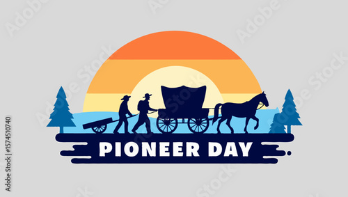 Vector art of silhouette of pioneers traveling west on pioneer day at sunset