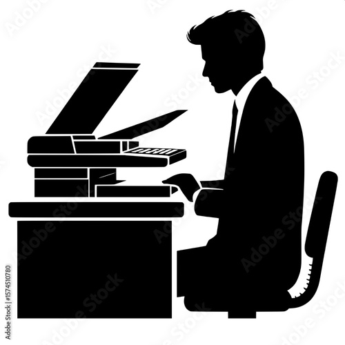 Black and White Vector Silhouette of a Man Using a Photocopier