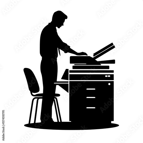 Black and White Vector Silhouette of a Man Using a Photocopier