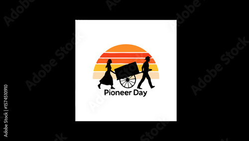 Vector art of silhouette of pioneers pulling a handcart against a sunset for pioneer day