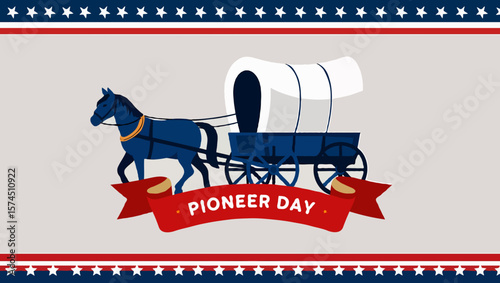 Vector art of a horsedrawn covered wagon celebrates pioneer day with patriotic flair