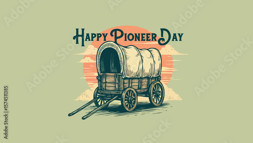 Vector art of vintage illustration of a covered wagon for happy pioneer day