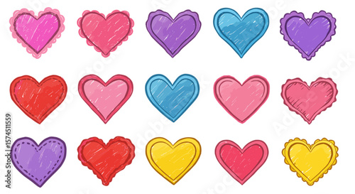 Colorful funky crayon drawn decorative collection of hearts — pink, red, blue, purple, yellow. Cute stickers of hearts. Bright doodle illustration with pencil texture, kid-drawn playful vector