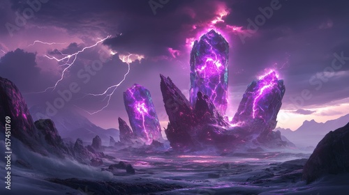 Ethereal Crystals in Stormy Landscape