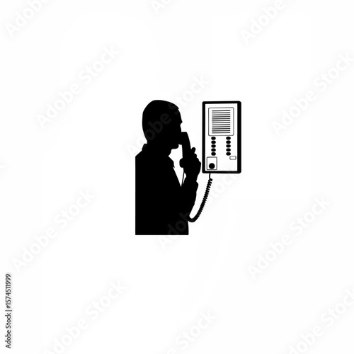 Silhouette of man talking through intercom machine on white background