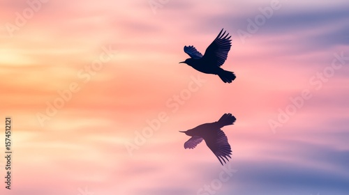 Vibrant Reflections of a Bird Flying Through a Surreal Sky