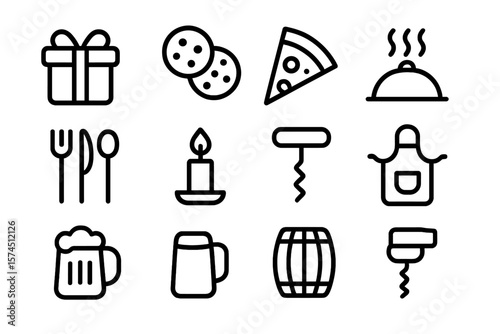 Minimalist food and drink icons: pizza, beer, candle, utensils
