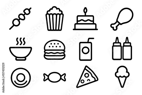 Minimalist food icons set with popular snack and dessert symbols