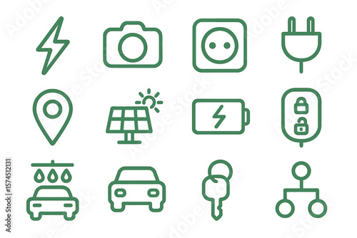 Green technology icons with linear design on textured background