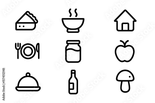 Minimalist line icons of food and home items on dark background