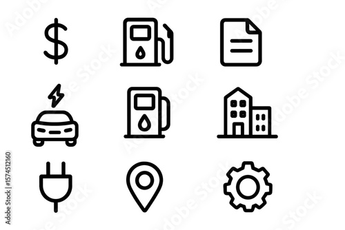 Black linear icons set: finance, technology, navigation, energy, buildings