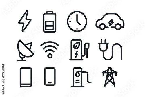 Linear icons of electric vehicles and renewable energy elements
