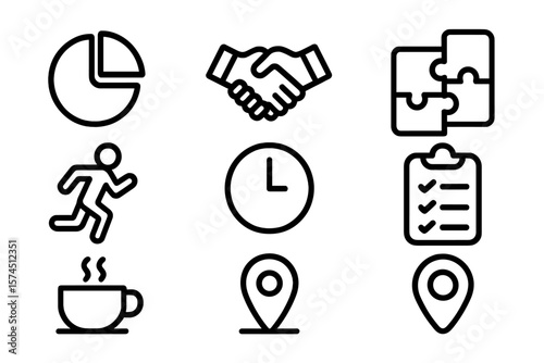 Flat icon set: business, puzzle, coffee, running, location, time, and more