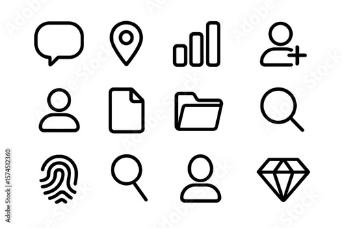 Minimalistic black icon set on dark gradient: communication, search, fingerprint