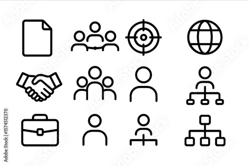Business icons collection featuring networking, teamwork, and organizational structures in linear style