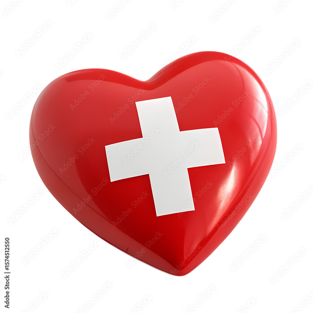Fototapeta premium Red Heart with White Cross A Symbol of Healthcare isolated on transparent baackground
