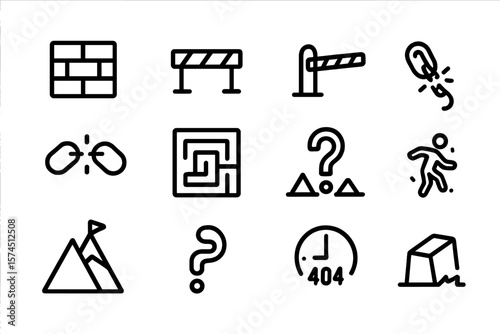 Minimalist line icons set featuring obstacles and challenges with dark background