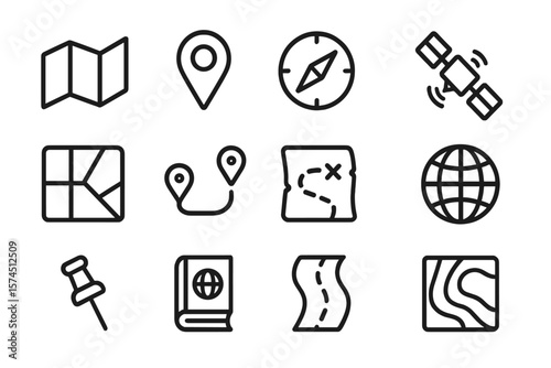 Dark mode navigation icons set featuring maps, compass, and gps elements
