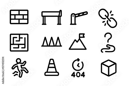 Set of minimalist icons featuring barriers, obstacles, and challenges