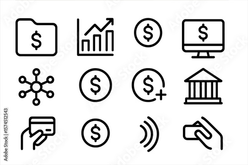 Minimalist finance icons: money, banking, and commerce outlined set