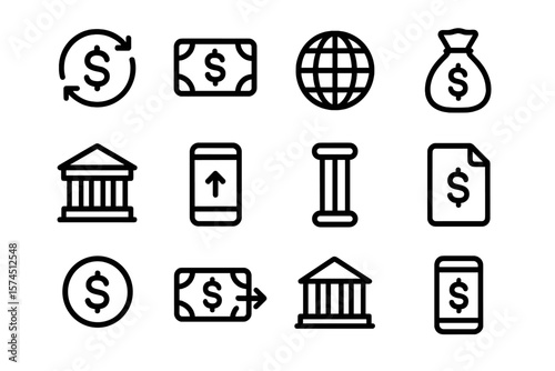 Line art icons depicting financial concepts and currency exchange