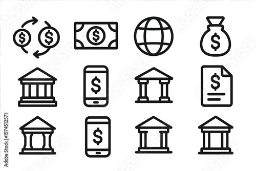Minimalist icon set: banking and finance essentials in line style