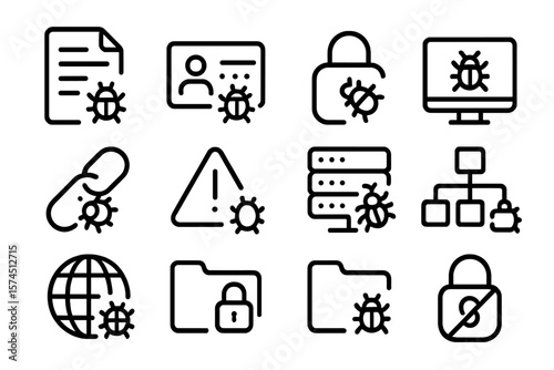 Cybersecurity icons featuring virus symbol for digital security