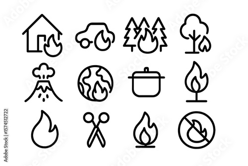 Minimalist outline icon set of fire and disaster elements on dark background