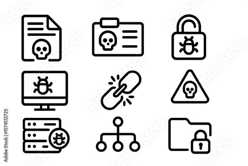 Dark themed cybersecurity icons with virus symbols and lock elements