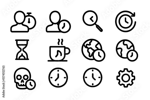 Linear time management icons set featuring clocks, people, gear, and global themes