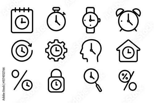 Minimalist timekeeping icons set: clocks, watches, alarms, and more