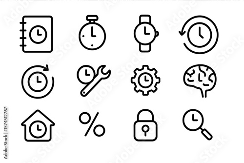 Minimalist time management icons featuring clocks and tools on dark background