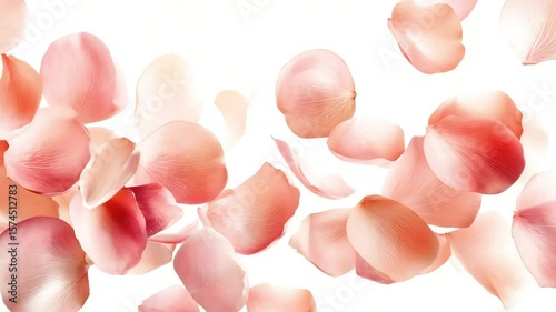 Delicate pink rose petals scattered gracefully on a soft white background, creating a serene and romantic atmosphere for various design projects