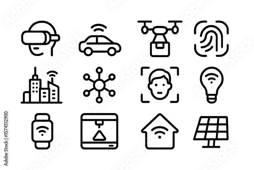 Futuristic technology icons: smart home, virtual reality, drones, ai recognition