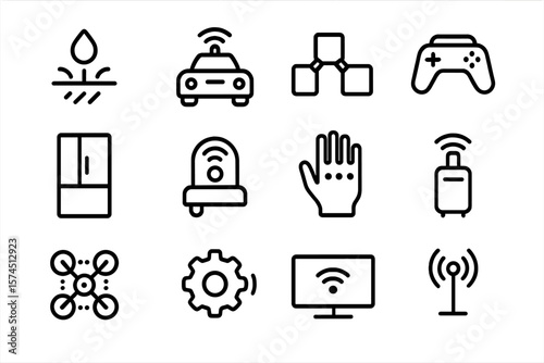 Modern technology icons set featuring smart devices and wireless connectivity in linear style